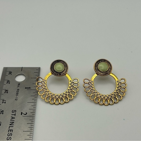 Boho Filigree Gold Tone Hoop Stud Earrings with Pale Green Medallion - Picture 4 of 8